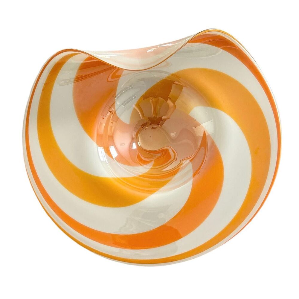 Large Hand Blown Orange and White Swirled Decorative Dish with Folded Lip